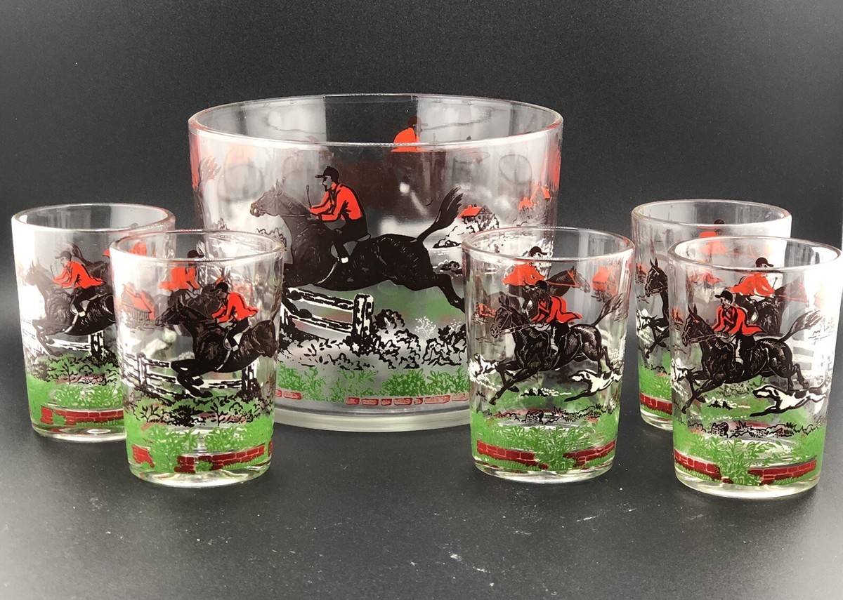 LANCETTI ガラス物入れ Hazel Atlas Hunt Scene Equestrian Fox Hunt 5 Glasses Ice Bucket | eBay