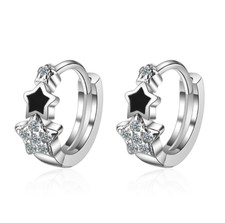 925 Silver CZ Star Dainty Huggie Hoop Earrings Women Girl 0.4 inch Gift D31