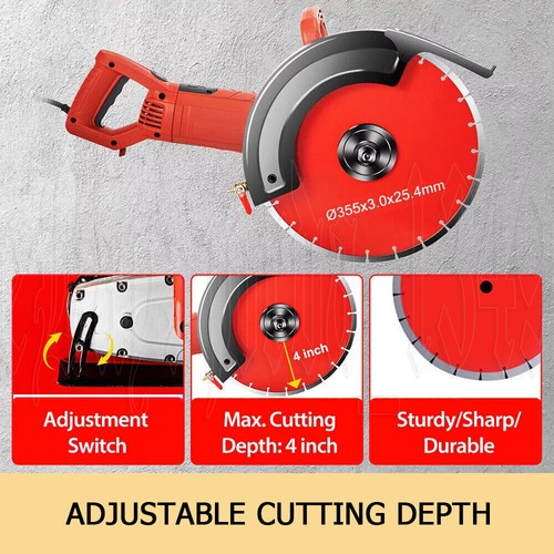 Electric Concrete Saw 355mm Cutter Wet/Dry Demo Tools Circular Cutting Off 3000W - Picture 6 of 12
