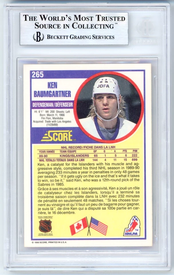 POP 1 Ken Baumgartner RC BGS 9: 1990-91 Score Canadian Rookie Card Gisto #265 - Image 2 of 3