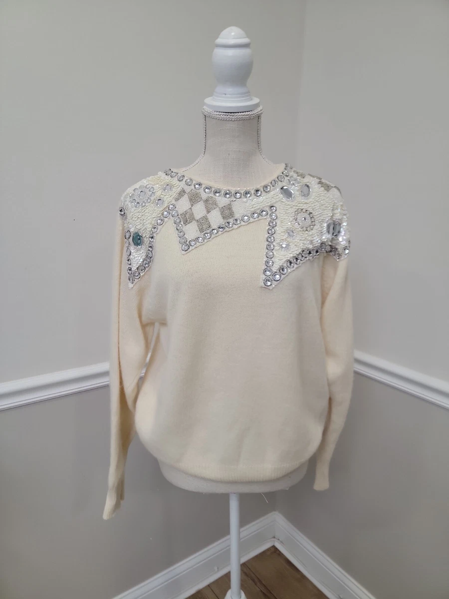 Vintage 80s Valerie Stevens Angora Beaded Rhinestones Sweater Size M 13