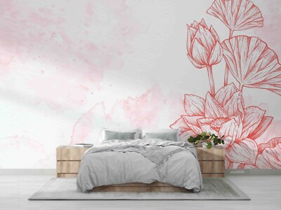 3D Hand Drawn Lotus Watercolor Self-adhesive Removable Wallpaper Murals
