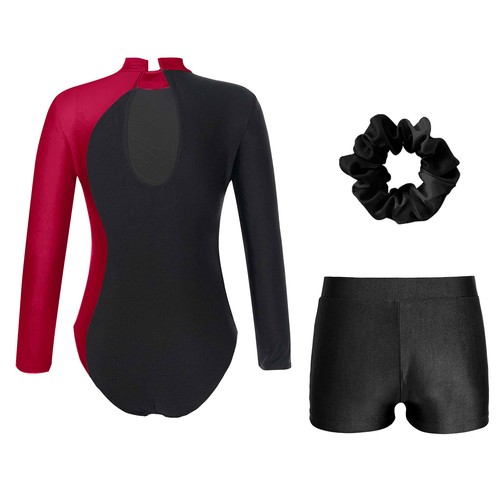 Kids Girl Dancewear With Hair Band Longs Sleeve Leotard Gym Breathable Shorts - Picture 46 of 86