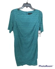 Jessica Howard Womans Dress 12P Petite Teal Green Lace Lined Tulip Hem Wedding