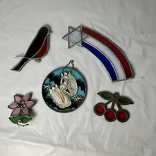 Vintage Stained Glass Sun Catchers - Lot Of 5 Rainbow Cherries Bird Flower Swans