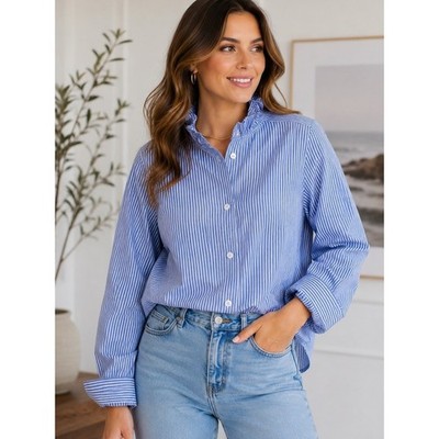 Zara Blue & White Stripe Ruffle Collar Button Front Blouse NWT Size Large Boho
