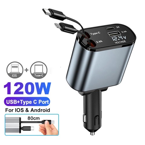 Chargeur Voiture 4 en 1 Rétractable + 120W Câble USB Type-C Adaptateur Charge Rapide - Photo 22 sur 27