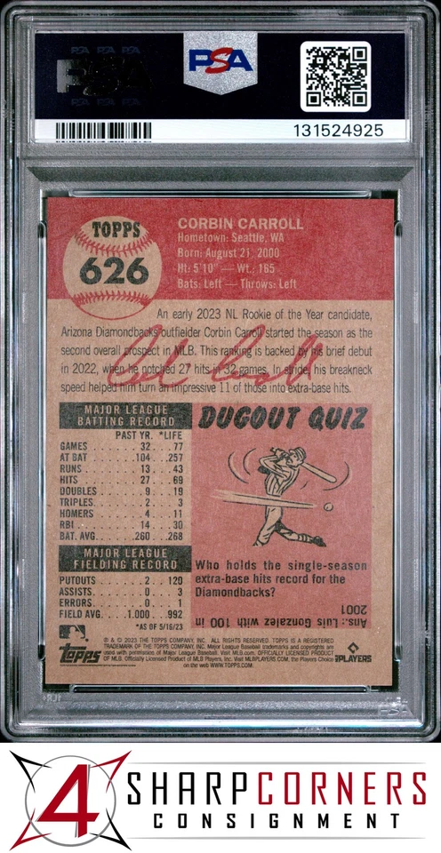 2023 TOPPS LIVING #626 CORBIN CARROLL RC PSA 10 - Image 2 of 3