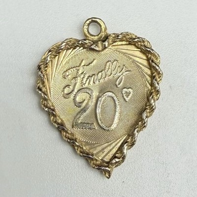 Vintage Crea 12K Gold Filled Heart Disc Charm Finally 20 Birthday 7/8'' Drop 1.7g