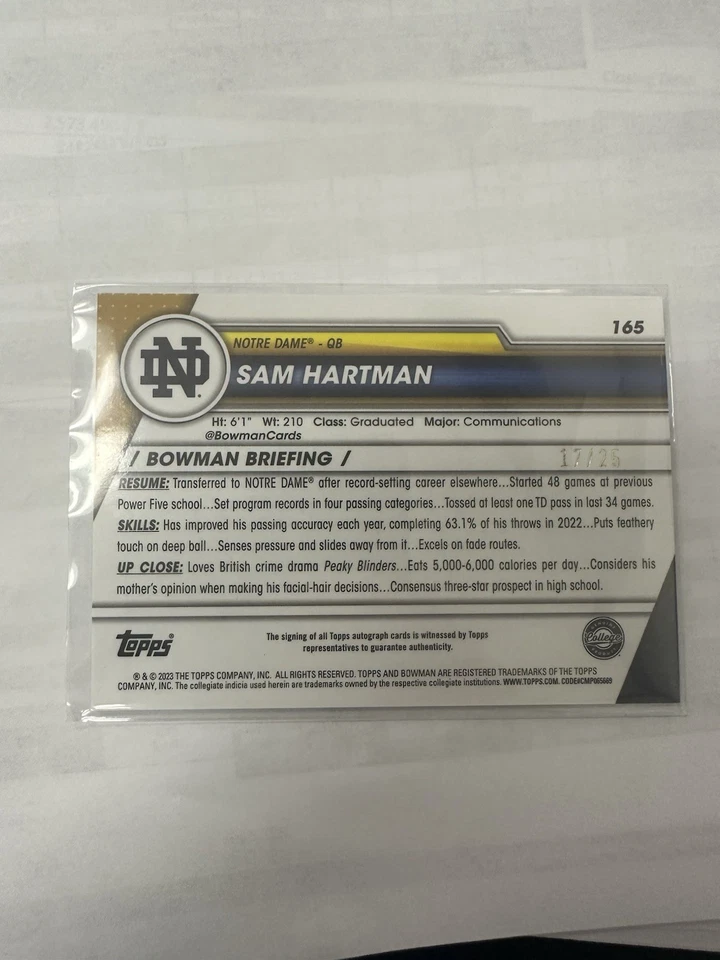 2023 Bowman U Chrome Prospect (AU,RC) Sam 165 Hartman Orange Refractor 17/25 SSP - Image 2 of 2