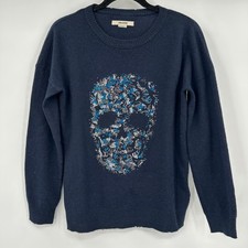 Zadig  Voltaire Gaby Multi Skull Strass Navy Wool Cashmere Sweater Medium Goth