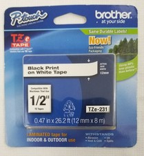 New Brother P-touch TZe-231 Black on White Tape 1/2" W 0.47 X L 26.2 ft.