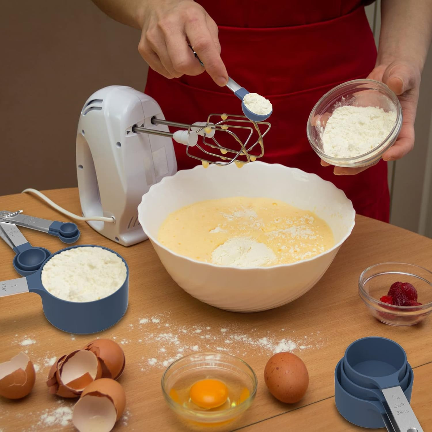 Measuring Cups & Spoons Set Stackable Nesting Stainless Steel Handle Blue