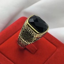 Luxury Black Gemstone Ring Stainless Steel 18K Gold Tone Men's Statement Ring
