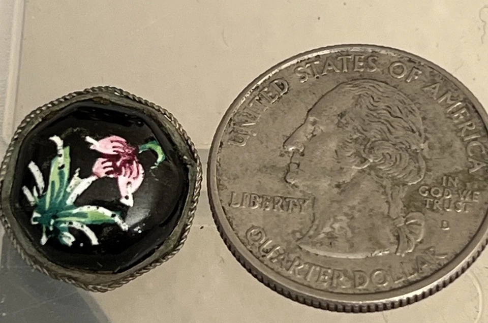 Antique Enamel Sterling Silver Painted Floral Button - Image 2 of 3