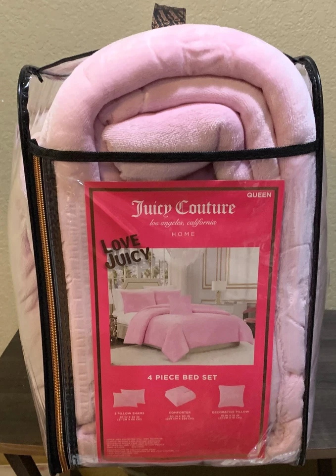 Juicy Couture Pink Logos & Hearts Embossed Plush Soft 4piece QUEEN Comforter Set - Image 4 of 4