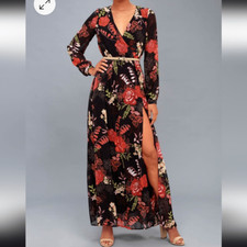 Lulus Fall Floral Maxi Dress High Slit Long Sheer Sleeve Wedding Guest Size XL