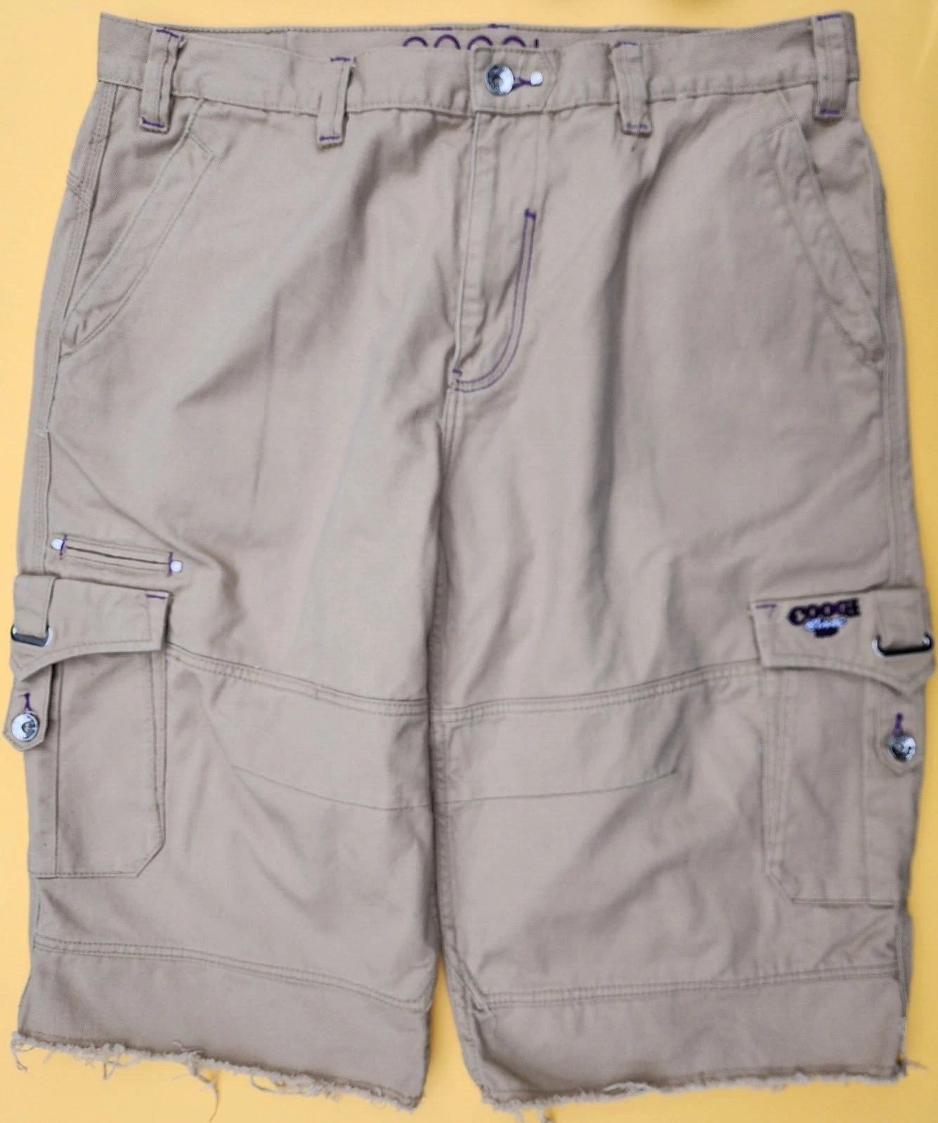 COOGI MENS BIG & TALL BEIGE COTTON/FRINGED EMBROIDERED CARGO SHORTS SIZE 44x30