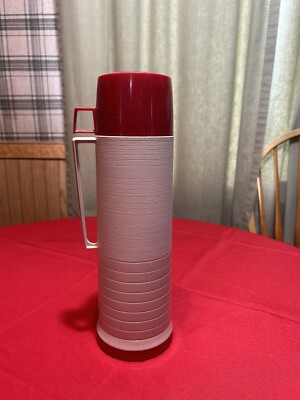 Thermos Brand Model 2402 Quart Size Red-Tan Vacuum Bottle Hot/Cold 