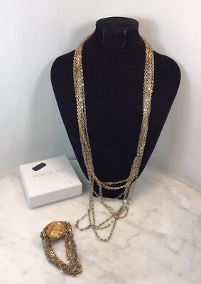 VTG PATRIZIA PEPE FIRENZE Two Tone Chain Link Leather Necklace Bracelet Set