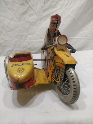 Marx Toys Tin Litho Wind Up Police Department Motorcycle with Side