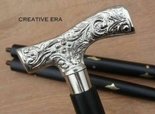 Antique Brass Designer Silver Derby Handle Victorian Wooden Walking Cane Stick