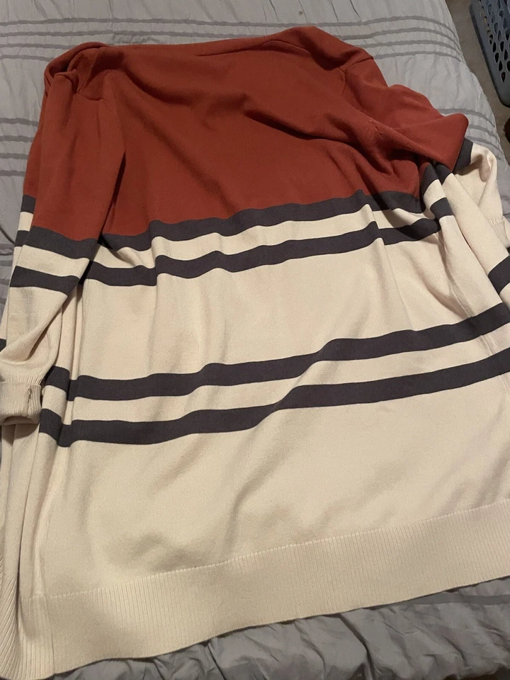 Женский свитер XL разноцветный в полоску богемный длинный кардиган открытый трикотаж оранжевый темно-синий - Изображение 2 из 4