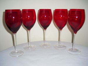 Set Of 5 Ruby Red Wine Glass Goblets Clear Stem 8 5 Tall Ebay