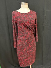 Talbots Red Black Floral  Faux Wrap Ruched Waist Stretchy Sheath Dress PM