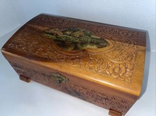 Storage Keepsake Box Cedar Wood Hand-Carved W/Landscape Print 11x7x4.5  Vintage