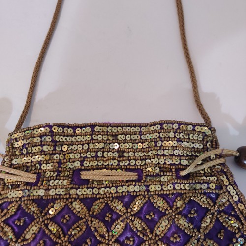 Vintage Style Beaded Sequin Purple Silk Drawstring Bucket Pouch Bag Handmade - Picture 3 of 9