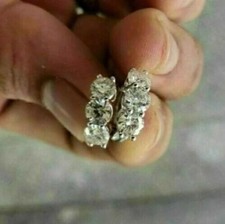 2Ct Real Moissanite Three Stone Huggie Hoop Earrings 14k White Gold Plated