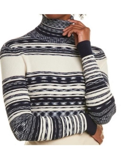 Tory Burch Julie Damen Größe XL cremefarben marineblau Langarm gerippter Pullover $ 299 Oberteil