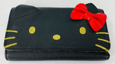 Sanrio Hello Kitty Face Tri-Fold Wallet Black Red Bow Button Clutch