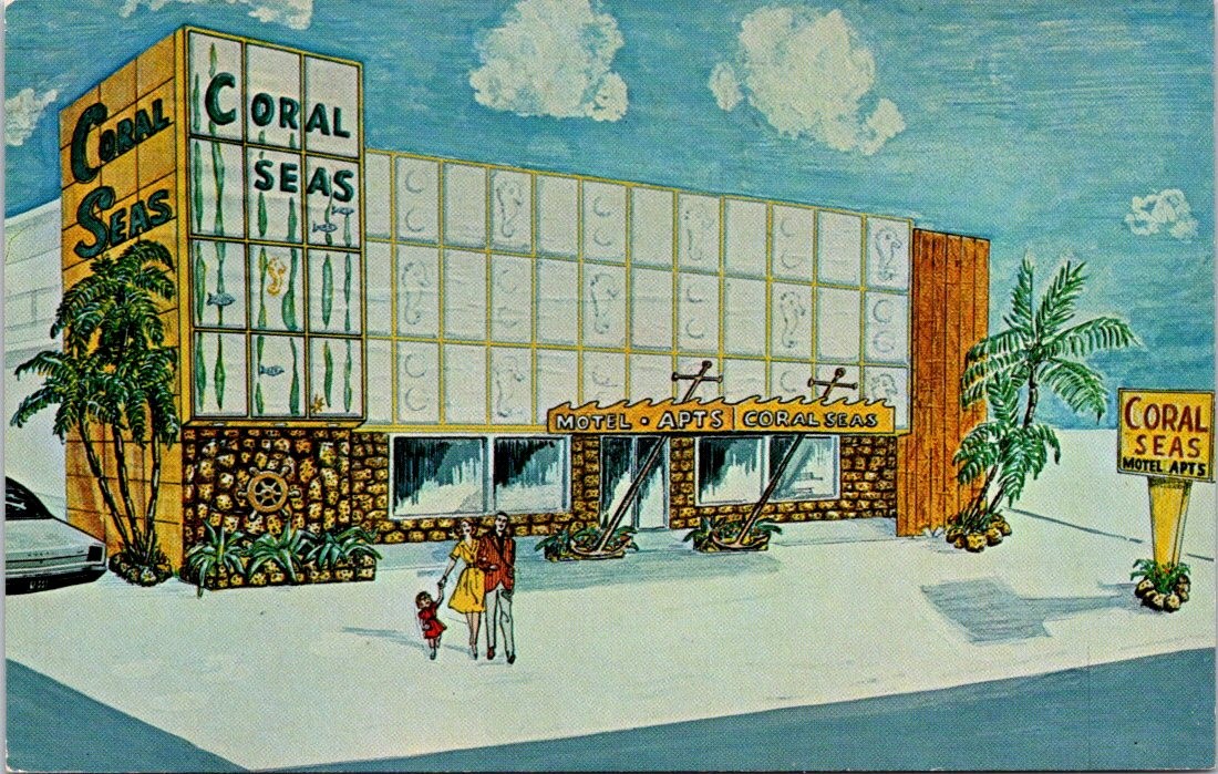 1967, Coral Seas Motel, MIAMI BEACH, Florida Chrome Advertising Postcard