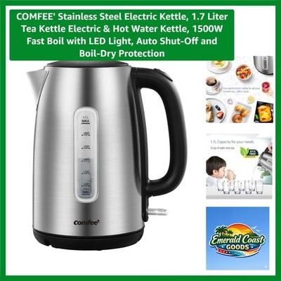 1500W Stainless Steel Kettle   1.7L Rapid Boil with Auto Shut-Off & LED Light