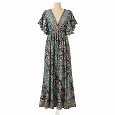 Zury Vintage Y2K Silk Floral Maxi Dress Flutter Sleeve Boho Forest Fairy Grunge