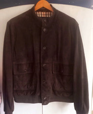?Daks? Men's Brown Suede Jacket XL Button-Up Stand Collar Check Lined Pockets