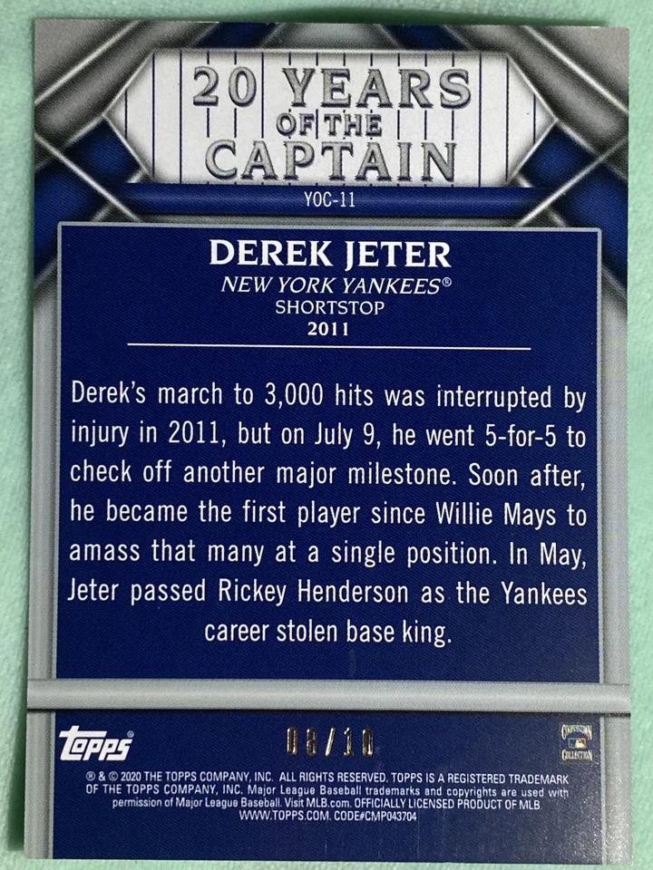 2020 Topps SSP🔥 Derek Jeter 💎 20 Years Of The Captain #8/10  Card # YOC-11 - Image 3 of 3