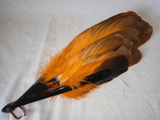 Antique bright orange and brown feather hand fan, 'Buissott', faux tortoiseshell
