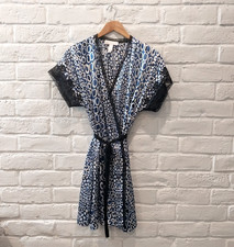 Oscar De La Renta Robe Womens M Blue Animal Print Black Lace Tie Short Sleepwear