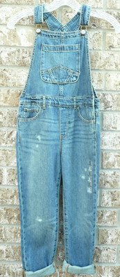 GAP Denim Overalls Youth Girls Size 8 Medium Long Length Distressed Bib Jeans