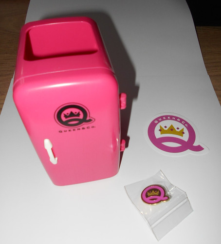 Queen and Company mini fridge, pin, mini dust pan & broom read