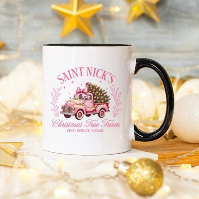 Saint Nicks Weihnachtsbaum Bauernhof Damen 11 Unzen Keramiktasse Rosa Vintage LKW