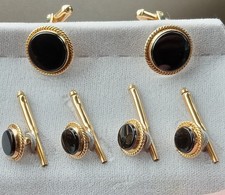 Classy 14k GF Gold-Filled  Onyx Cufflinks Studs Set NEW