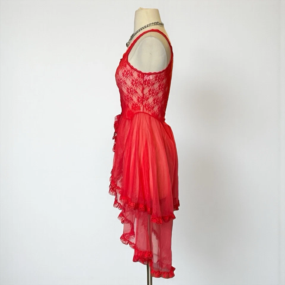 Vestido Corsé Asimétrico Babydoll Encaje Rojo Vintage Transparente Romántico Gótico pequeño Foto 2 de 4