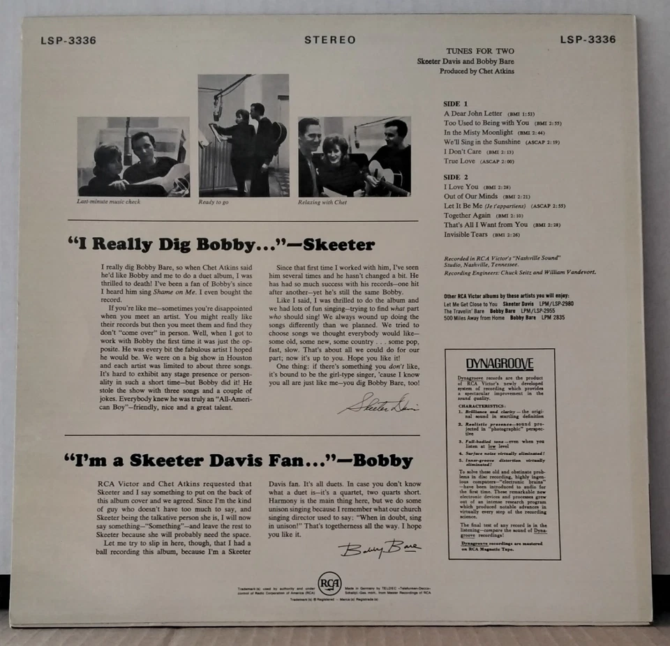 SKEETER DAVIS & BOBBY BARE - Tunes For Two RCA LSP-3336 Germany Country LP - Image 2 of 3
