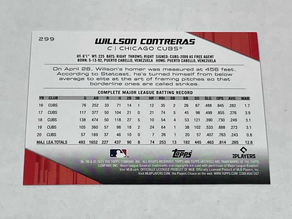 2021 Topps Archives Baseball #299 - Willson Contreras - Chicago Cubs - Image 2 of 2