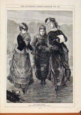 Original alter antiker Druck London Almanack 1880 Die erste Lektion Drei Damen