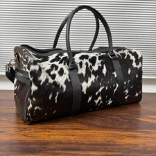 Hair On Cow Hide Duffle Bag, Handmade Leather Weekender Black & White Gym Bag.